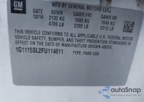 2015 Chevrolet Impala 1Lt из США, поврежденный, VIN 1G1115SL2FU114811